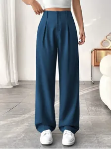 Front view of elegant deep blue high-waisted straight-leg suit trousers for women