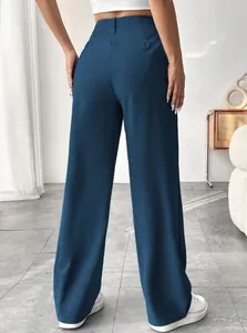 Back view of high-waisted straight leg trousers in dark blue for a professional look