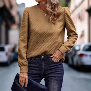 Stylish khaki quilted puff sleeve sweatshirt for women, perfect for autumn casual wear.
