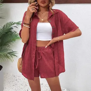 Womens casual 2 piece lounge set with button up shirt and drawstring shorts burgundy