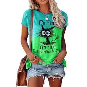 T-shirt casual da donna con scollo a giro, sfumatura verde e stampa di gatto nero