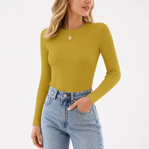 Women's slim fit ribbed long sleeve knit top with comfortable crew neck in yellow