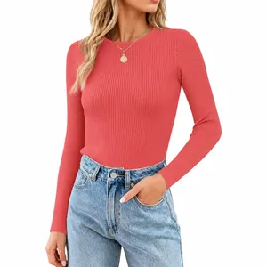 Long-sleeved coral pink ribbed crewneck top for women in a casual slim fit style