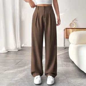 Women High Waist Straight Leg Trousers Elegant Polyester Pleated Dress Pants Office Casual Long Bottoms