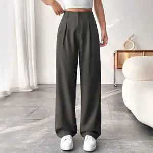 Elegant high-waisted dark olive straight-leg suit trousers for a minimalist office look