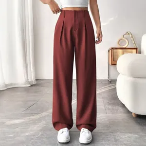 Elegant high-waisted wine red straight-leg trousers for a sophisticated casual look