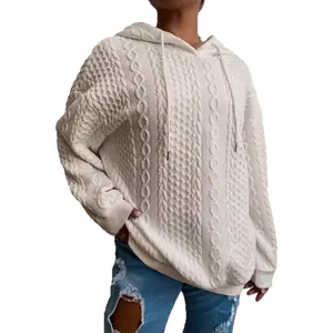 Sudadera con capucha para mujer de punto trenzado jacquard blanco con corte holgado