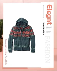 Cardigan in maglia con cappuccio da uomo con motivo geometrico etnico e cerniera