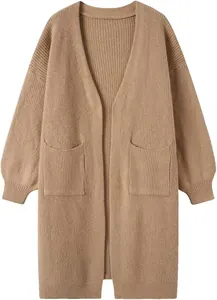 Stilvoller langer Damen-Strickcardigan in Khaki mit offener Front und Taschen
