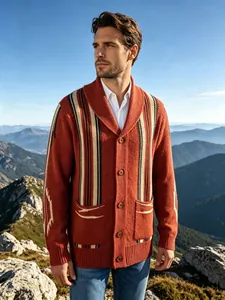 Close-up of a men's vintage shawl collar cardigan with striped jacquard patterns