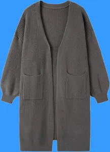 Graue lange Strickjacke mit offener Vorderseite und zwei funktionellen Vordertaschen