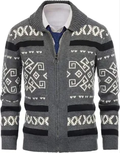 Close-up of men's grey knitted cardigan with intricate white geometric patterns.