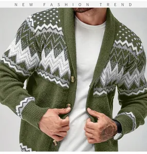 Detailed macro view of men's army green knitted cardigan featuring white geometric patterns