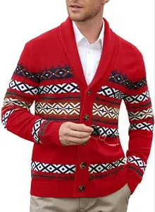 Vintage red V-neck knitted cardigan for men with geometric patterns and button closure
