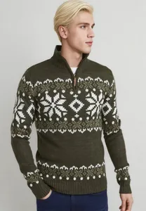 Maglione lavorato a maglia retrò uomo verde scuro con motivi a fiocchi di neve