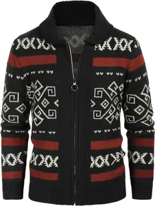Detailed view of men's knitted zip-up cardigan with vintage geometric ethnic patterns.