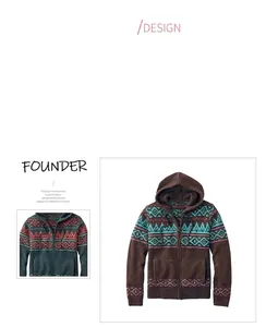 Dettaglio di un cardigan in maglia con cappuccio da uomo con motivi geometrici etnici unici.
