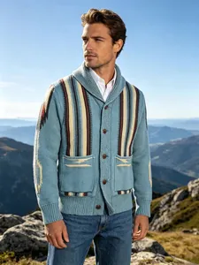 Man in blue American vintage shawl collar cardigan with striped jacquard pattern outdoors