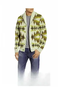 Modische Herren-Strickjacke mit Schalkragen und grünem geometrischem Muster-Design