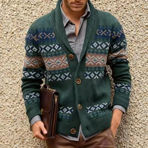 Men's American vintage V-neck knit cardigan with geometric patterns for autumn/winter wear