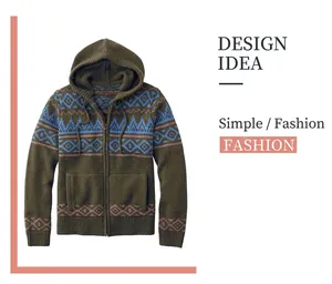 Cardigan da uomo in maglia con cappuccio verde oliva e motivo jacquard vintage frontale