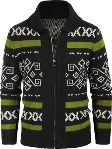 Detail of men's knitted cardigan with ethnic geometric patterns and green stripes