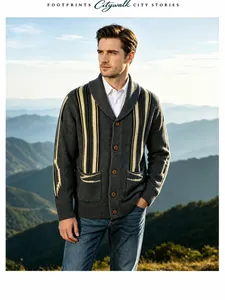 Close-up of vintage shawl collar striped knit cardigan for men in an outdoor mountain setting