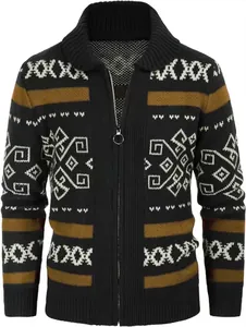 Detail of men's slim fit zip-up cardigan with vintage geometric jacquard pattern