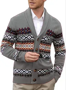 Close-up detail showing the geometric knit pattern of this men's vintage v-neck cardigan