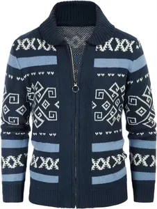 Close-up of men's knitted cardigan jacket with Nordic geometric pattern and zipper