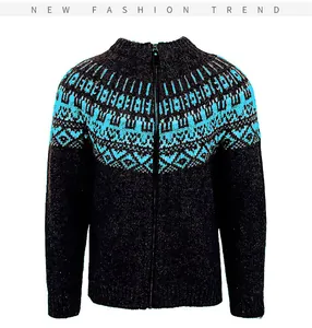 Fashionable men's slim fit zip-up cardigan sweater with blue jacquard Fair Isle pattern