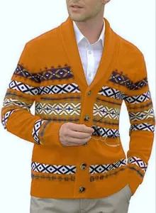 Close-up of the intricate geometric knit pattern on this vibrant orange men's cardigan