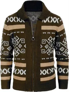 Detailed view of olive green men's slim fit knitted cardigan with ethnic geometric pattern