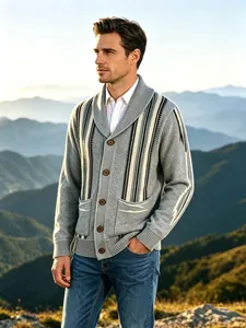 Vintage American style shawl collar striped knit cardigan for men in mountain setting