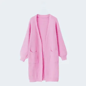 Modischer langer rosa Strickcardigan für Damen mit zwei Vordertaschen und offenem Design