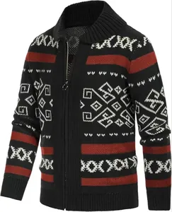 Slim fit men's knitted cardigan with ethnic geometric patterns and front zip closure detail