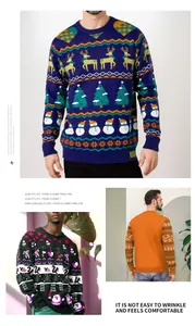 Vue détaillée des pulls de Noël festifs pour hommes avec motifs d'élans et de bonhommes de neige