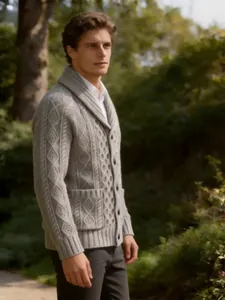 Seitenansicht-Detail eines grauen Herren-Strick-Cardigans mit Schalkragen im natürlichen Licht.
