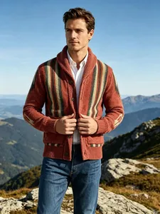 Detail view of men's vintage shawl collar striped cardigan with buttons in mountain scenery