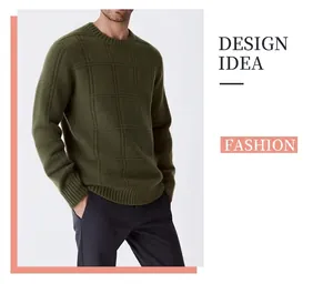 Détail d'un pull col rond pour hommes avec motif à carreaux texturé vert olive