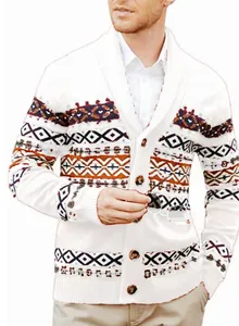 Close-up of men's retro V-neck cardigan with geometric knit patterns and buttons.