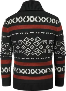 Back view of men's slim fit cardigan featuring ethnic geometric patterns in black and red