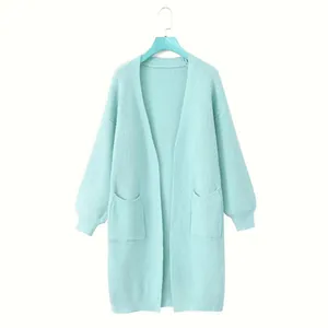 Gemütliche mintgrüne langärmelige Strickjacke mit Vordertaschen für Damen im Herbststil