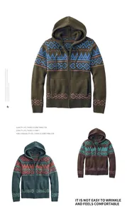Vista dettagliata di cardigan con cappuccio in maglia da uomo con motivi etnici.