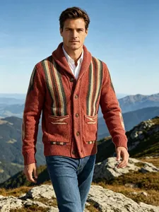 Retro terracotta shawl collar striped cardigan for men worn in an outdoor mountain setting