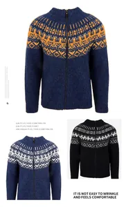 Close-up of men's knitted zip-up sweaters with Nordic jacquard patterns in various colors