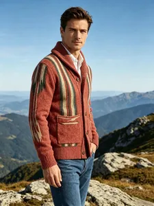 Vintage men's shawl collar knit cardigan with tribal pattern in scenic mountain background
