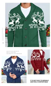 Cardigan natalizio da uomo con motivo renne, collo a scialle e bottoni in vari colori.