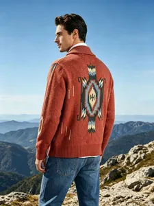 Back view of men's retro shawl collar cardigan with geometric jacquard pattern