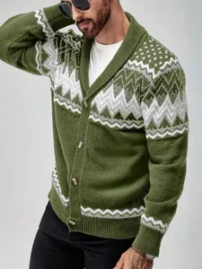 Close-up of men's green knit cardigan with white geometric patterns and shawl collar